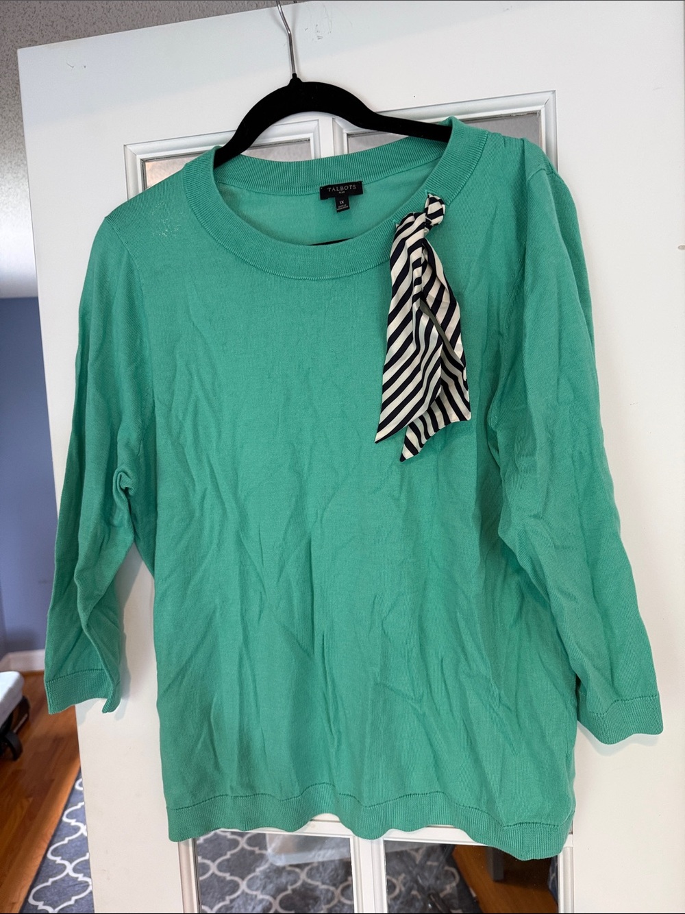 Talbots Mint Green Crewneck Sweater with Black-and-White Striped Scarf